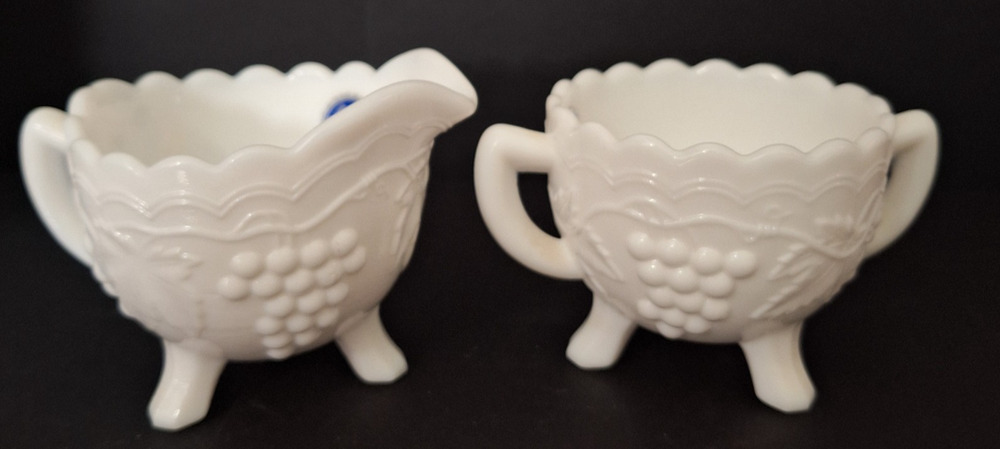 Vintage Imperial Milk Glass Grape & Leaf 3 Toed Open Sugar and Creamer
